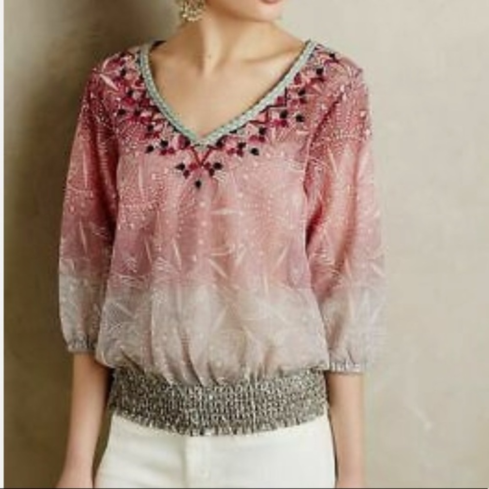 Anthropologie Embroidered V-Neck Pink Ombre Women's Top